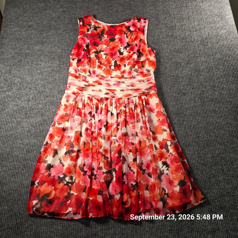 Lauren Ralph Lauren Red Pink Floral Ruched Waist Fit Flare Dress Size 14 NEW